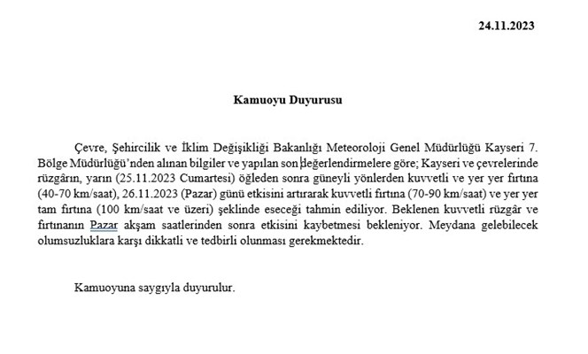 METEOROLOJİ KAYSERİ'Yİ UYARDI.